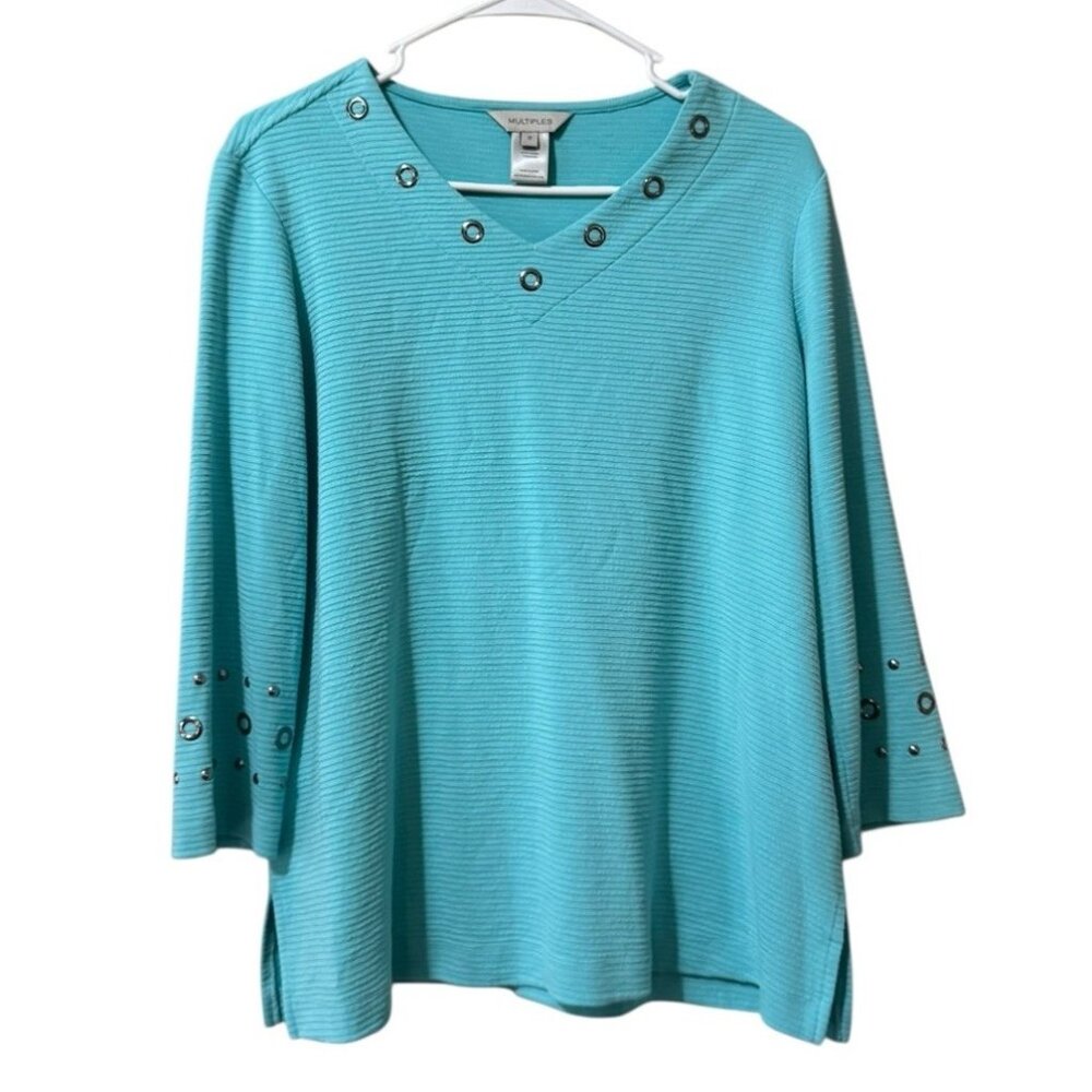 MULTIPLES Women Tunic Blouse Size Small V Neck Embellished Ribbed Stretch Artsy‎
